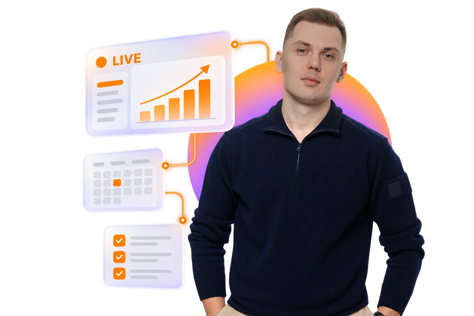 Mark, lead mentor of Amazon Masters 7.0, next to a live lesson, a calendar and a checklist